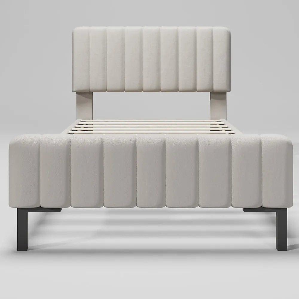 Lit 90x200 cm avec tête de lit réglable, revêtement lin gris-beige et sommier à lattes, cadre métal/bois>Redom Outlet