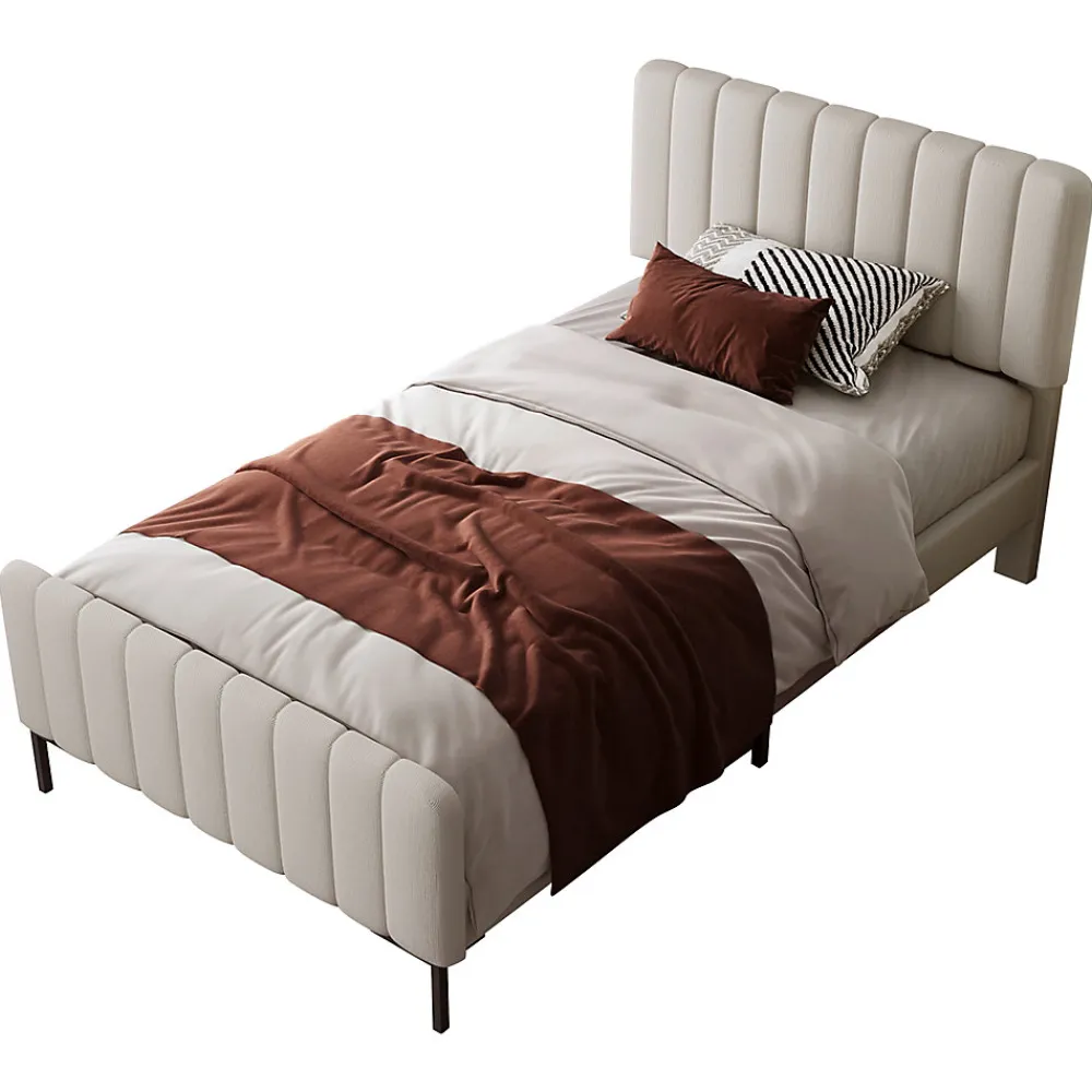 Lit 90x200 cm avec tête de lit réglable, revêtement lin gris-beige et sommier à lattes, cadre métal/bois>Redom Outlet