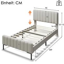 Lit 90x200 cm avec tête de lit réglable, revêtement lin gris-beige et sommier à lattes, cadre métal/bois><noscript><img width=
