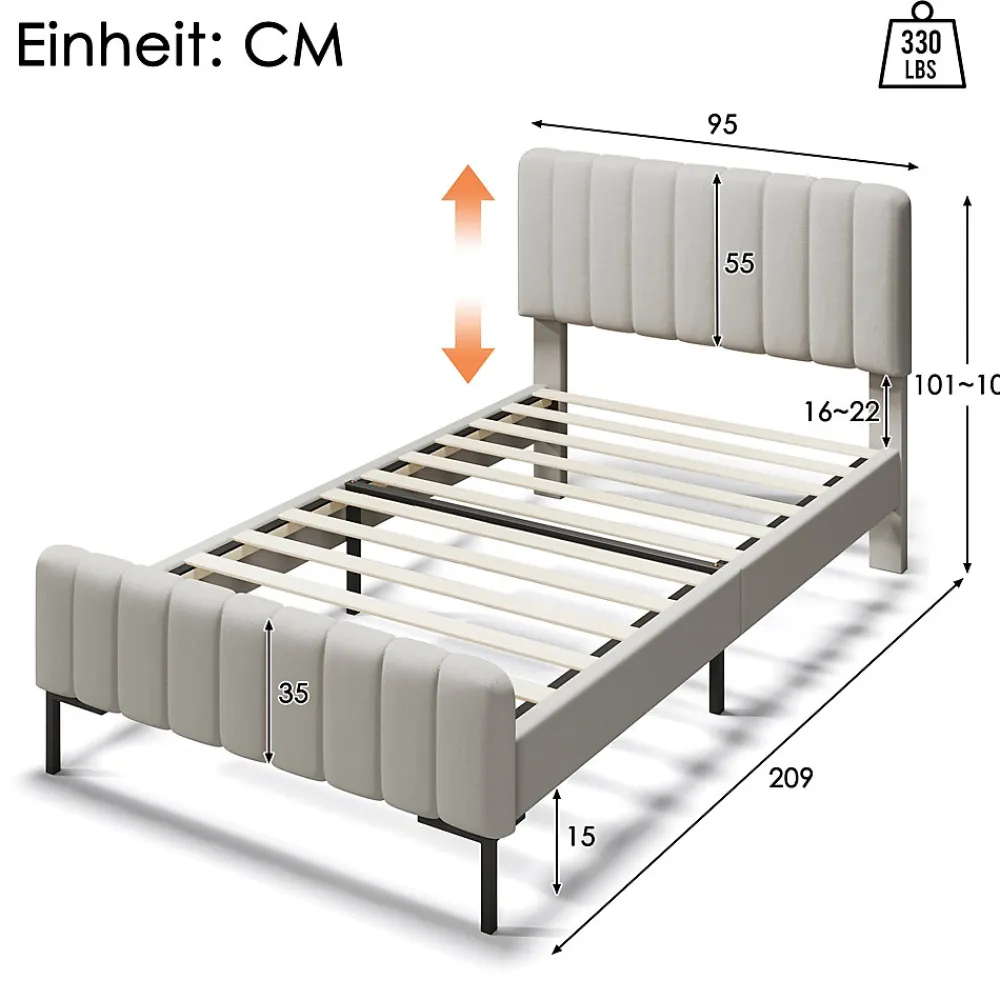 Lit 90x200 cm avec tête de lit réglable, revêtement lin gris-beige et sommier à lattes, cadre métal/bois>Redom Outlet