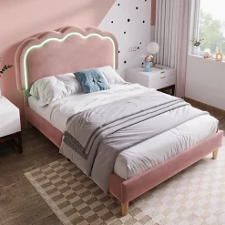 Lit 90x190 cm avec tête de lit LED réglable, tapissé velours rose, cadre rembourré au design moderne><noscript><img width=