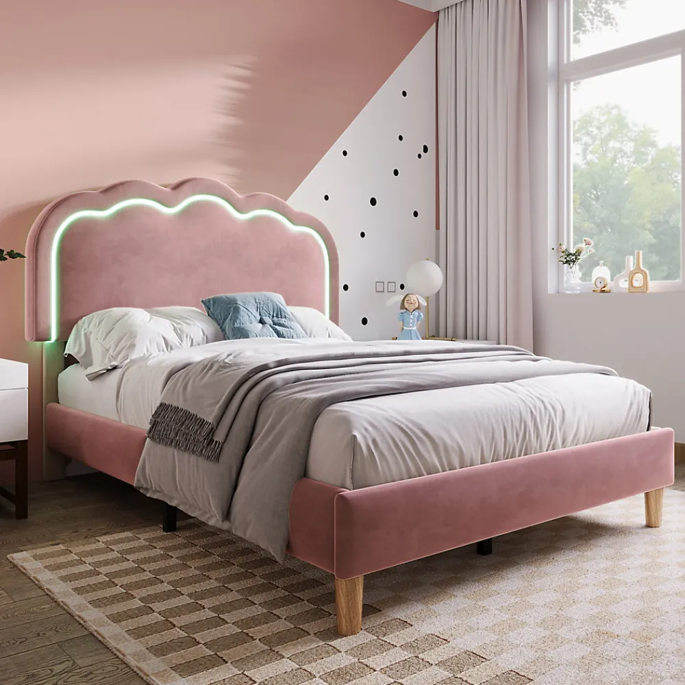 Lit 90x190 cm avec tête de lit LED réglable, tapissé velours rose, cadre rembourré au design moderne>Redom New