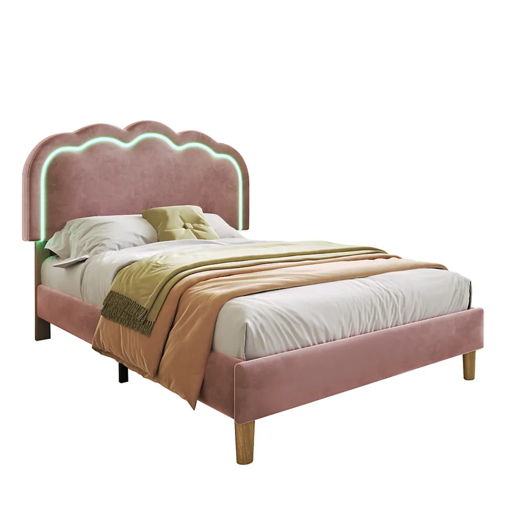 Lit 90x190 cm avec tête de lit LED réglable, tapissé velours rose, cadre rembourré au design moderne>Redom New