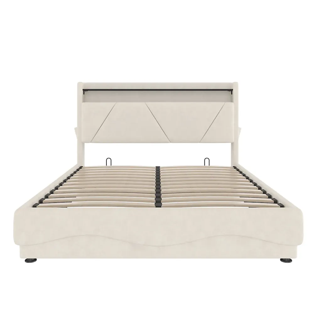 Redom Lit 160x200 cm avec tête de lit LED, rangement intégré et revêtement velours beige, design contemporain* Lit Avec Rangement