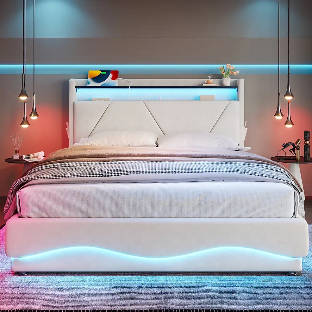 Redom Lit 160x200 cm avec tête de lit LED, rangement intégré et revêtement velours beige, design contemporain* Lit Avec Rangement