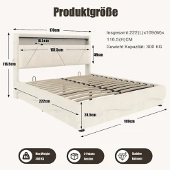 Redom Lit 160x200 cm avec tête de lit LED, rangement intégré et revêtement velours beige, design contemporain* Lit Avec Rangement