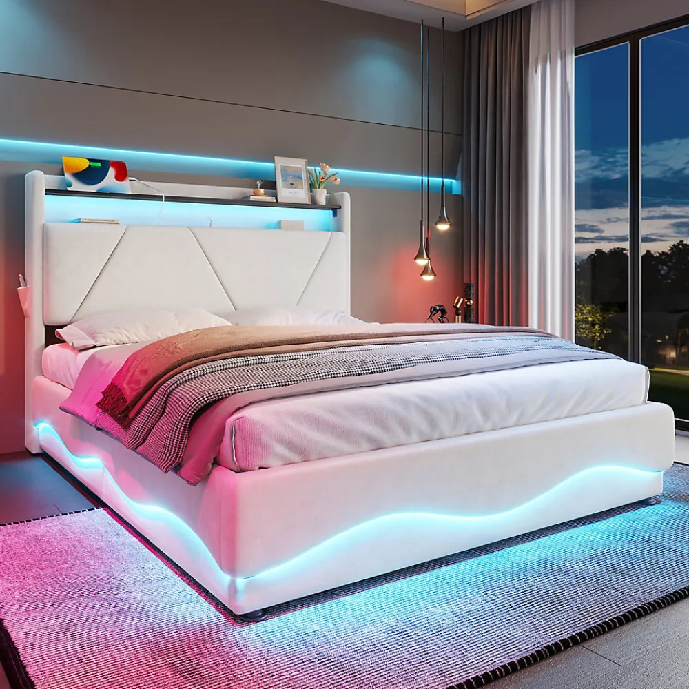 Redom Lit 160x200 cm avec tête de lit LED, rangement intégré et revêtement velours beige, design contemporain* Lit Avec Rangement
