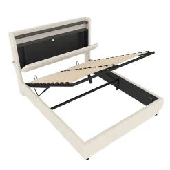 Redom Lit 160x200 cm avec tête de lit LED, rangement intégré et revêtement velours beige, design contemporain* Lit Avec Rangement
