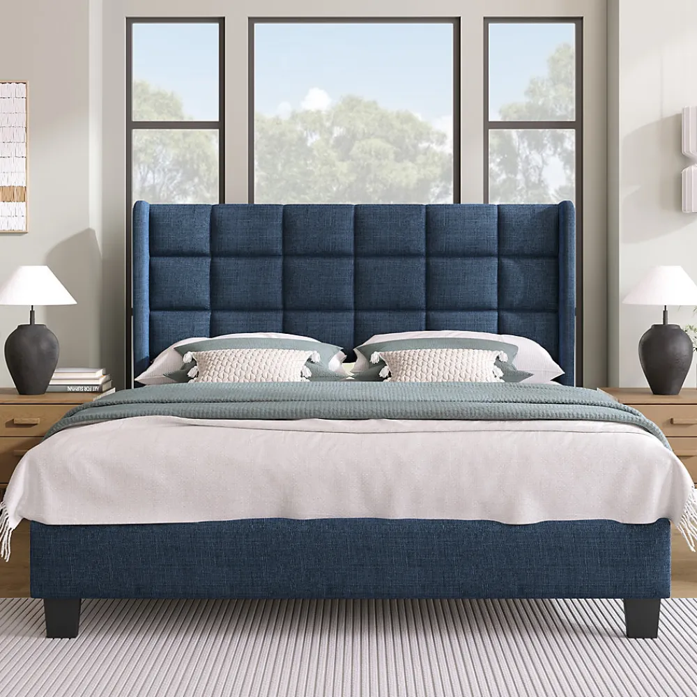 Lit 140x200 cm avec tête de lit tapissée en lin bleu, pieds noirs et sommier à lattes intégré, design élégant>Redom Outlet