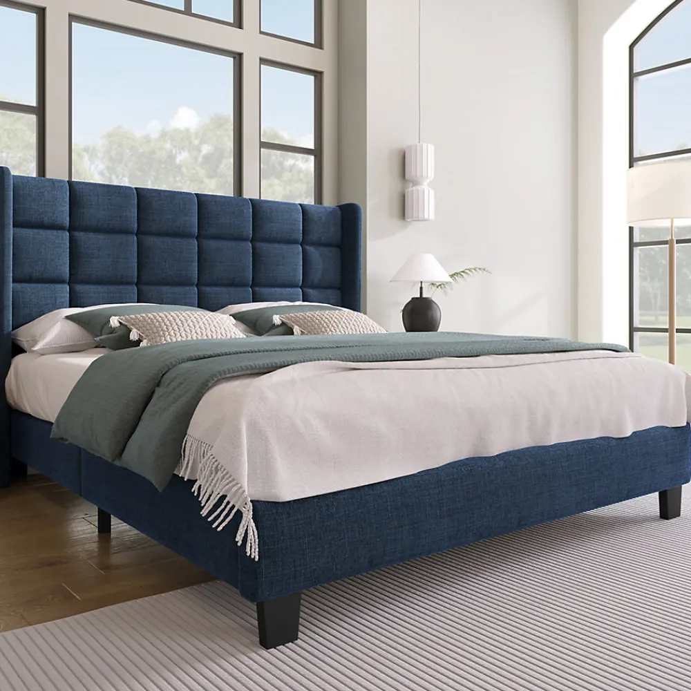 Lit 140x200 cm avec tête de lit tapissée en lin bleu, pieds noirs et sommier à lattes intégré, design élégant>Redom Outlet