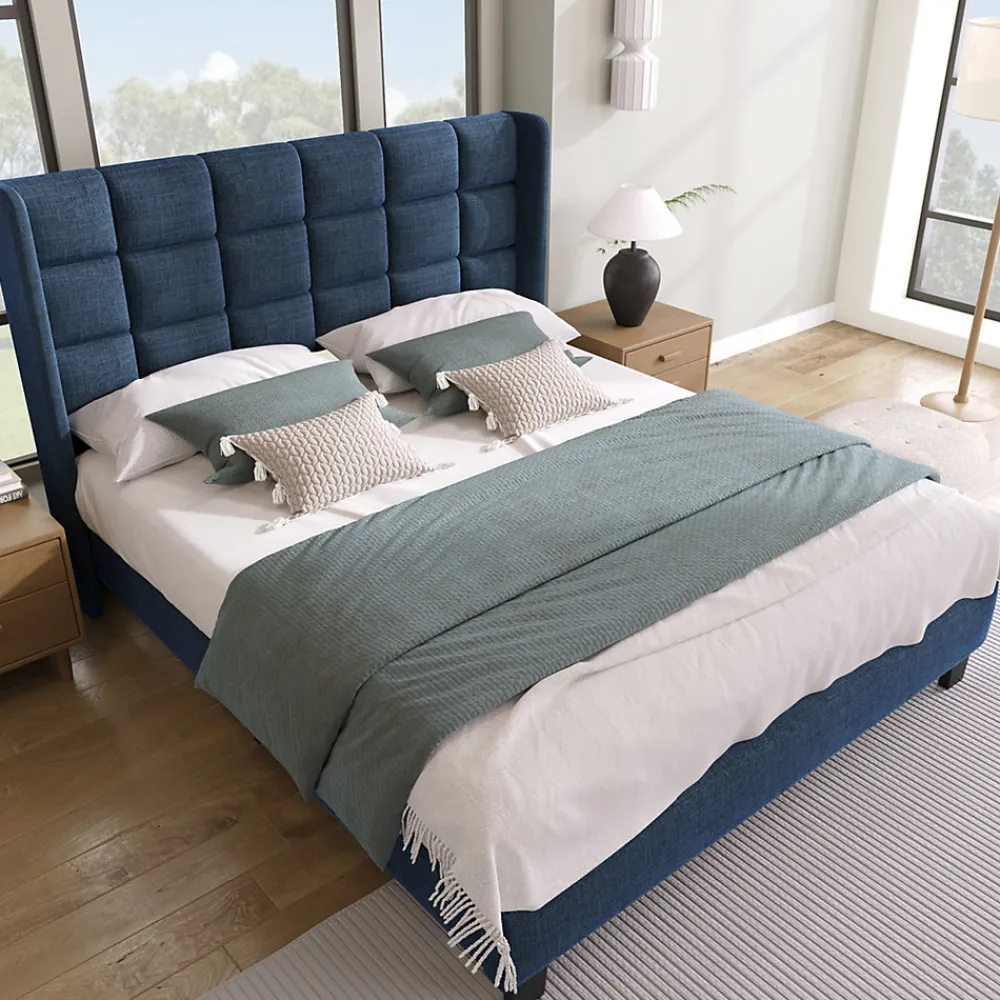 Lit 140x200 cm avec tête de lit tapissée en lin bleu, pieds noirs et sommier à lattes intégré, design élégant>Redom Outlet
