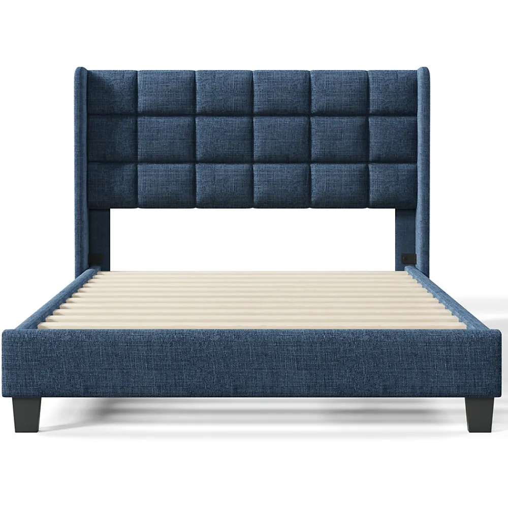 Lit 140x200 cm avec tête de lit tapissée en lin bleu, pieds noirs et sommier à lattes intégré, design élégant>Redom Outlet