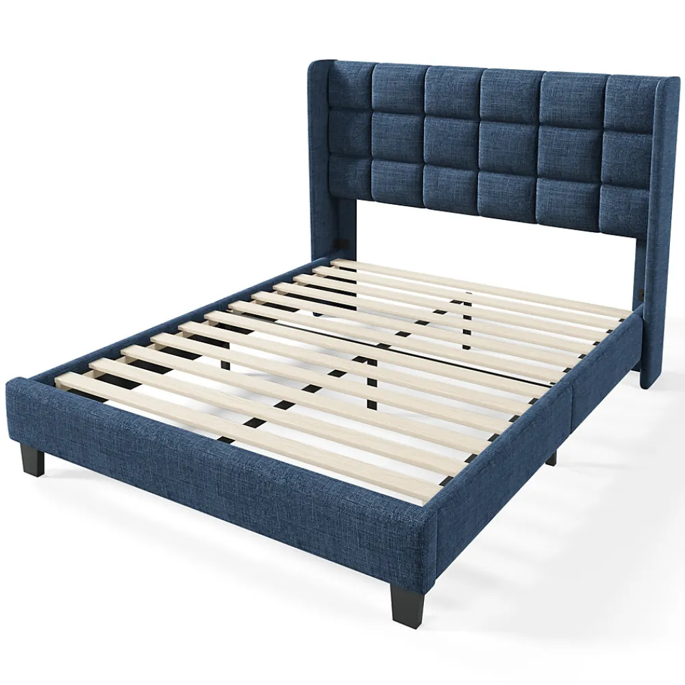 Lit 140x200 cm avec tête de lit tapissée en lin bleu, pieds noirs et sommier à lattes intégré, design élégant>Redom Outlet