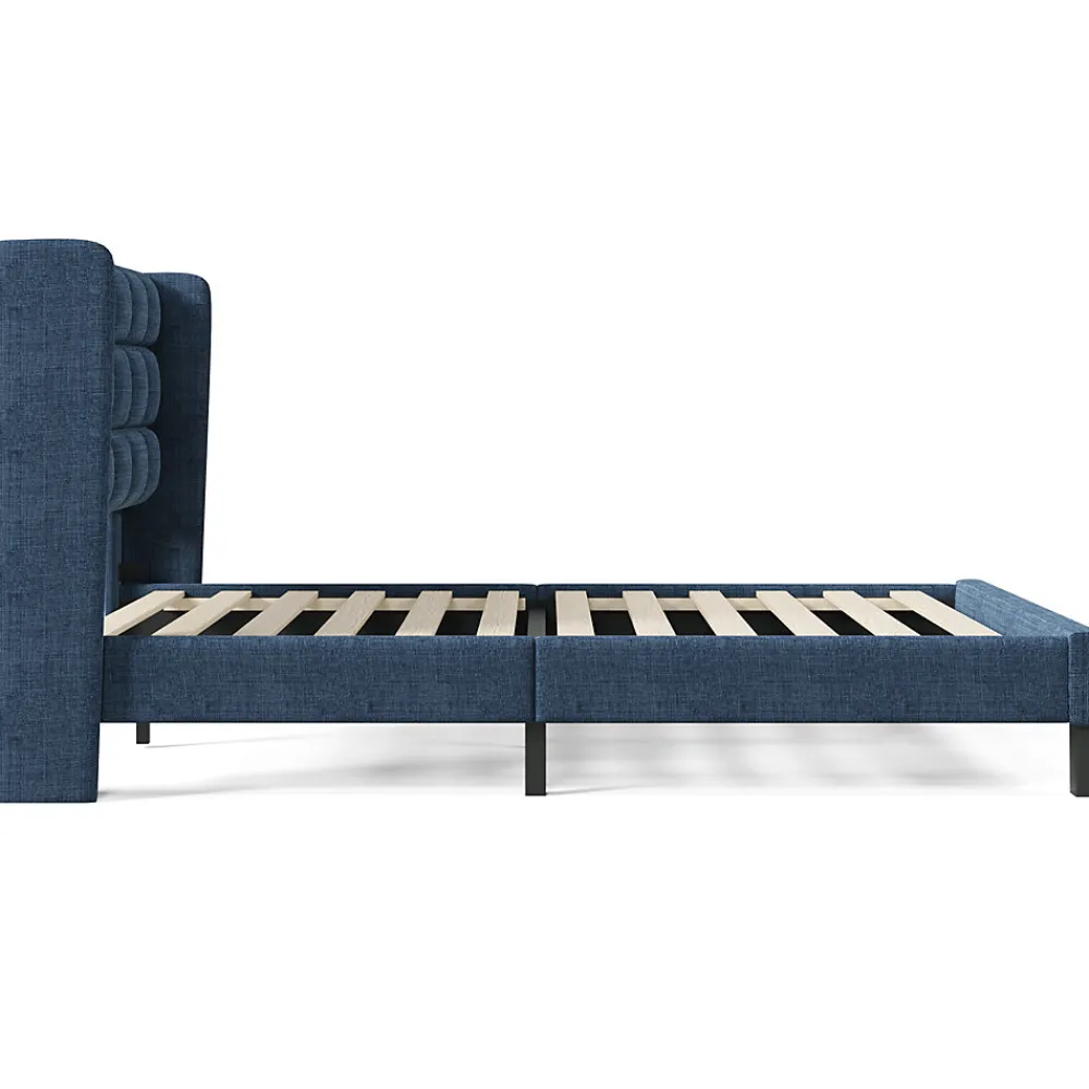 Lit 140x200 cm avec tête de lit tapissée en lin bleu, pieds noirs et sommier à lattes intégré, design élégant>Redom Outlet