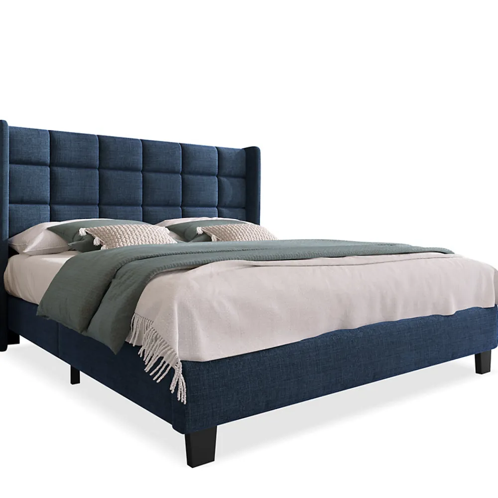 Lit 140x200 cm avec tête de lit tapissée en lin bleu, pieds noirs et sommier à lattes intégré, design élégant>Redom Outlet