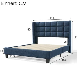 Lit 140x200 cm avec tête de lit tapissée en lin bleu, pieds noirs et sommier à lattes intégré, design élégant><noscript><img width=