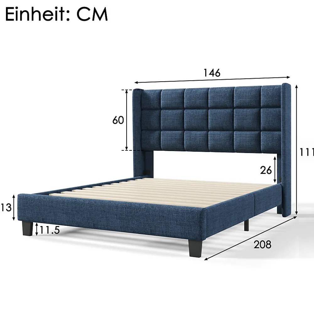 Lit 140x200 cm avec tête de lit tapissée en lin bleu, pieds noirs et sommier à lattes intégré, design élégant>Redom Outlet