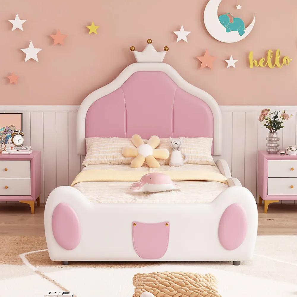 Lit 90x200 cm avec tête de lit en forme de couronne, revêtement simili cuir blanc et rose, cadre métal et panneaux bois>Redom Outlet
