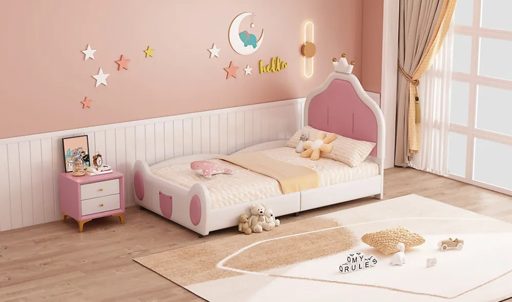 Lit 90x200 cm avec tête de lit en forme de couronne, revêtement simili cuir blanc et rose, cadre métal et panneaux bois>Redom Outlet
