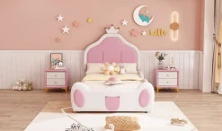 Lit 90x200 cm avec tête de lit en forme de couronne, revêtement simili cuir blanc et rose, cadre métal et panneaux bois><noscript><img width=