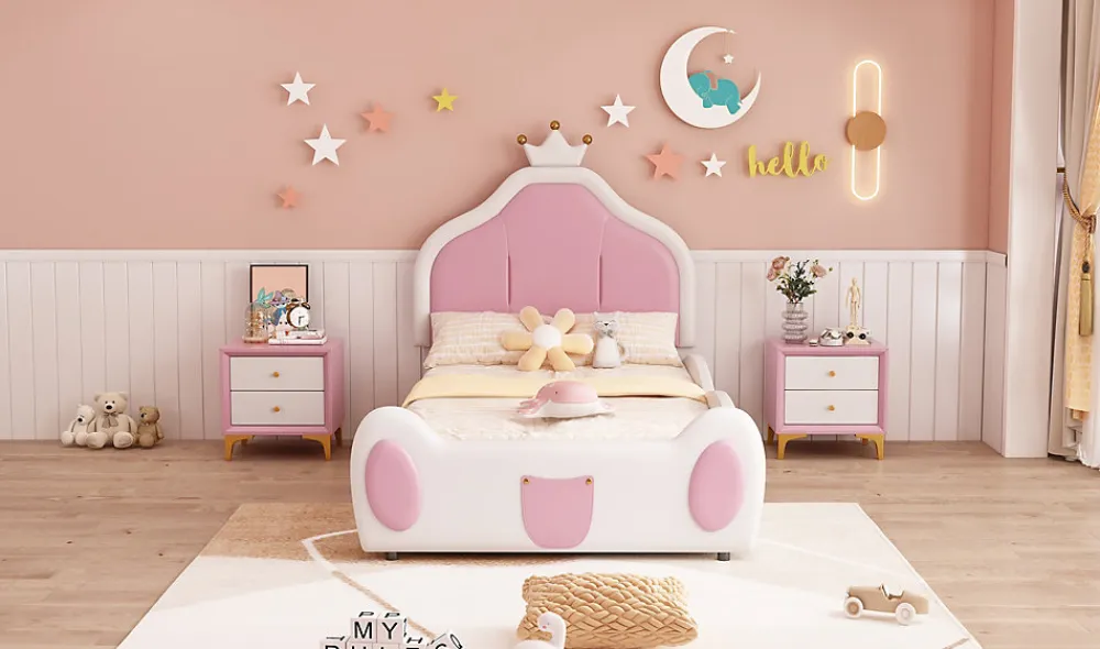 Lit 90x200 cm avec tête de lit en forme de couronne, revêtement simili cuir blanc et rose, cadre métal et panneaux bois>Redom Outlet