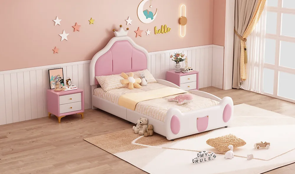 Lit 90x200 cm avec tête de lit en forme de couronne, revêtement simili cuir blanc et rose, cadre métal et panneaux bois>Redom Outlet