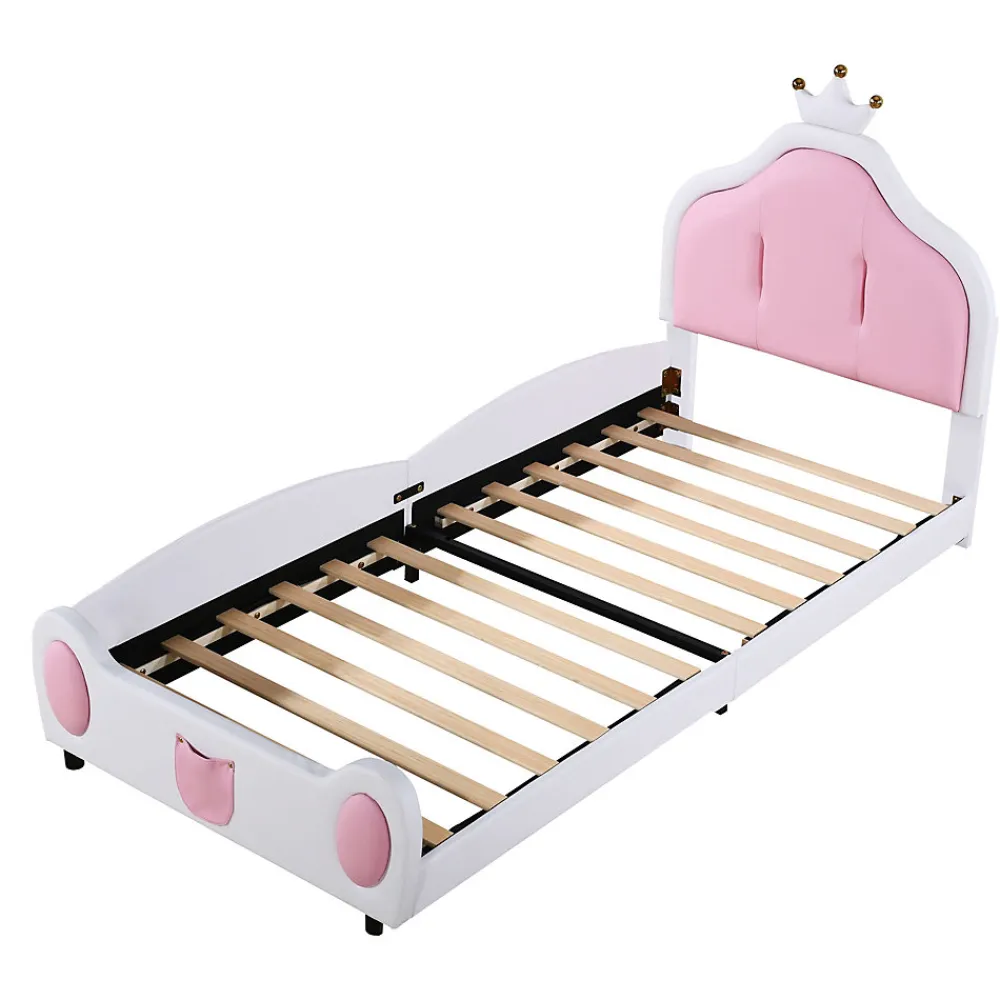 Lit 90x200 cm avec tête de lit en forme de couronne, revêtement simili cuir blanc et rose, cadre métal et panneaux bois>Redom Outlet