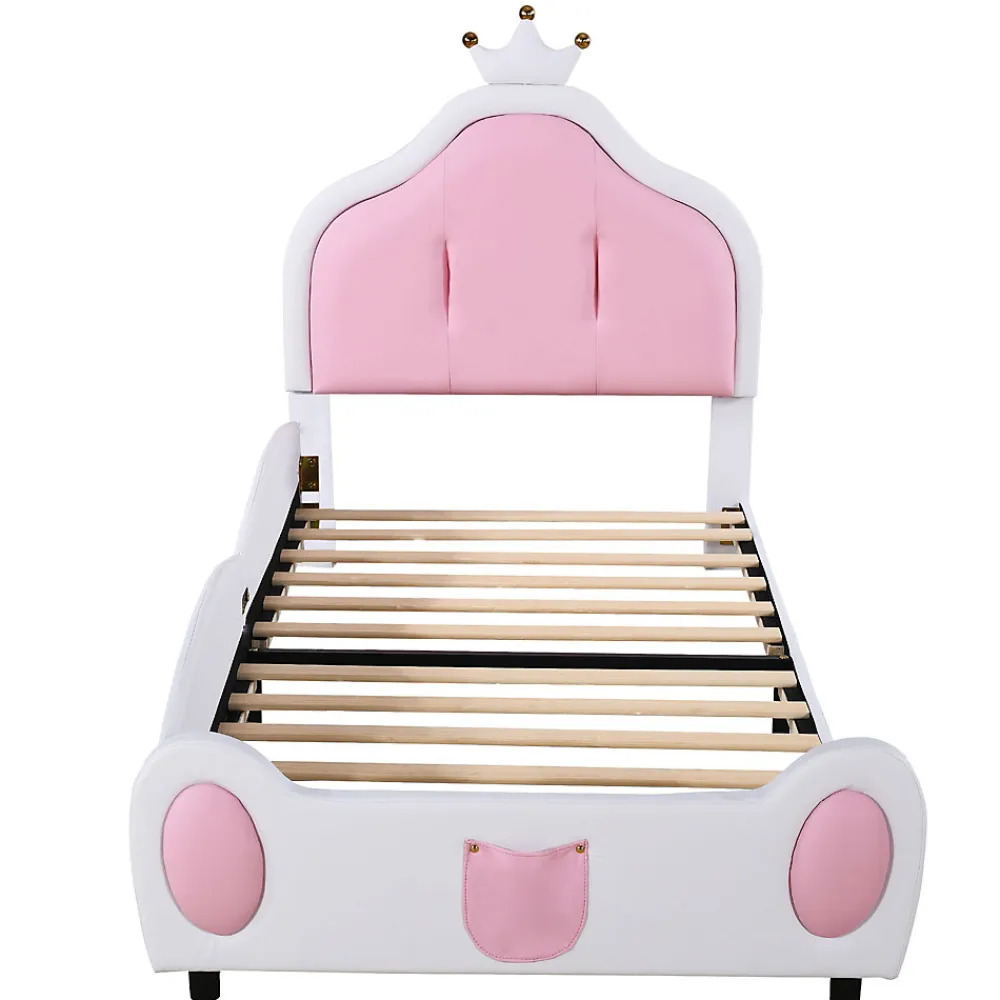 Lit 90x200 cm avec tête de lit en forme de couronne, revêtement simili cuir blanc et rose, cadre métal et panneaux bois>Redom Outlet