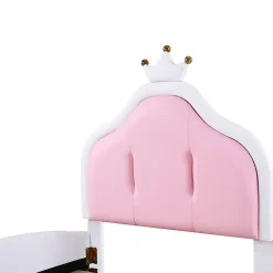 Lit 90x200 cm avec tête de lit en forme de couronne, revêtement simili cuir blanc et rose, cadre métal et panneaux bois><noscript><img width=