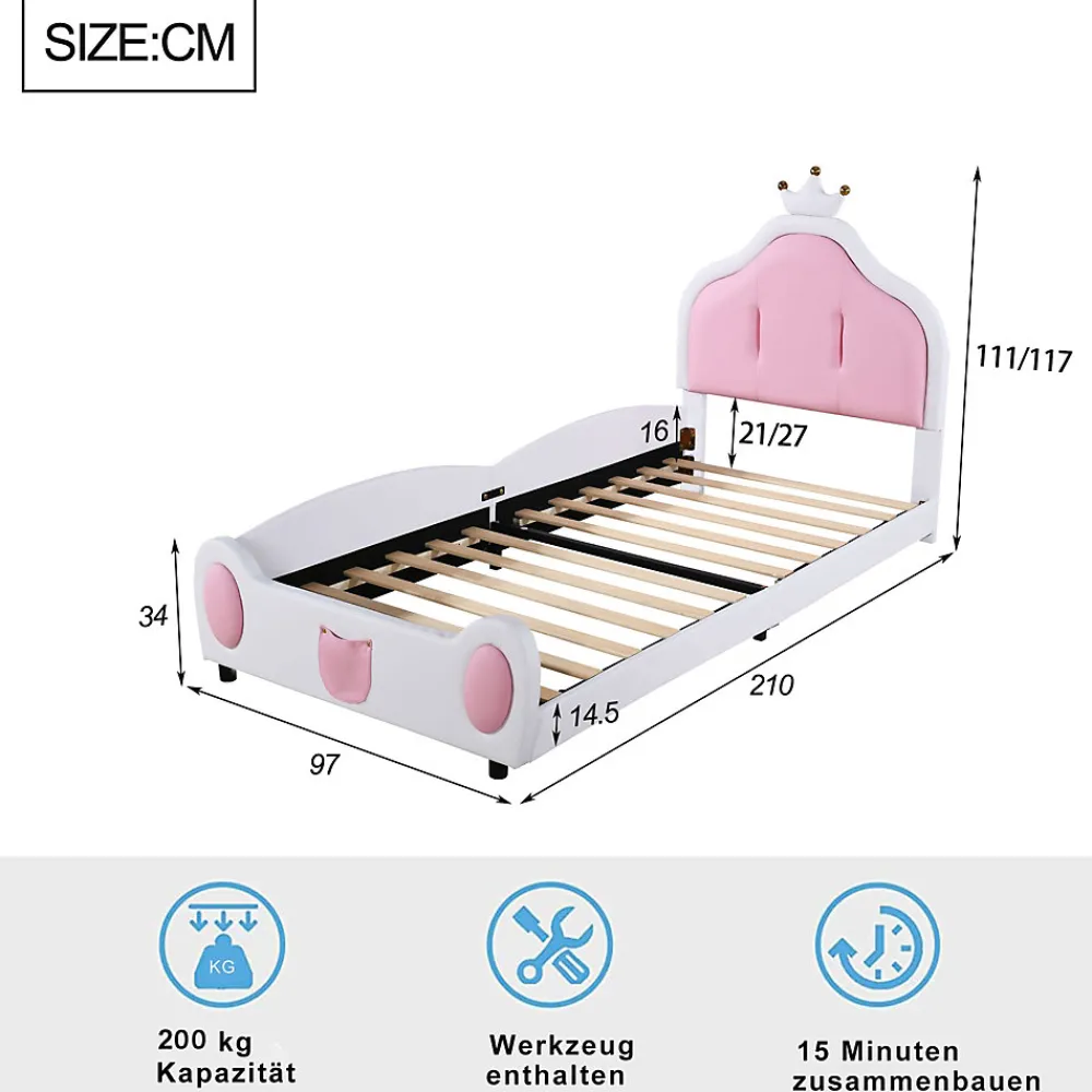 Lit 90x200 cm avec tête de lit en forme de couronne, revêtement simili cuir blanc et rose, cadre métal et panneaux bois>Redom Outlet