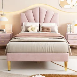 Lit 90x200 cm avec tête de lit coquillage réglable et pieds métal doré, velours rose, design élégant>Redom Hot