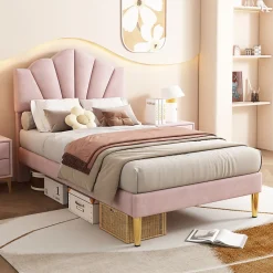Lit 90x200 cm avec tête de lit coquillage réglable et pieds métal doré, velours rose, design élégant>Redom Hot