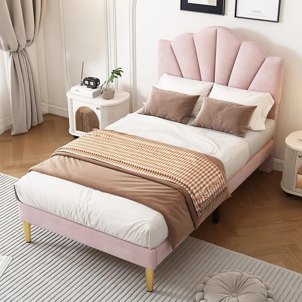 Lit 90x200 cm avec tête de lit coquillage réglable et pieds métal doré, velours rose, design élégant>Redom Hot