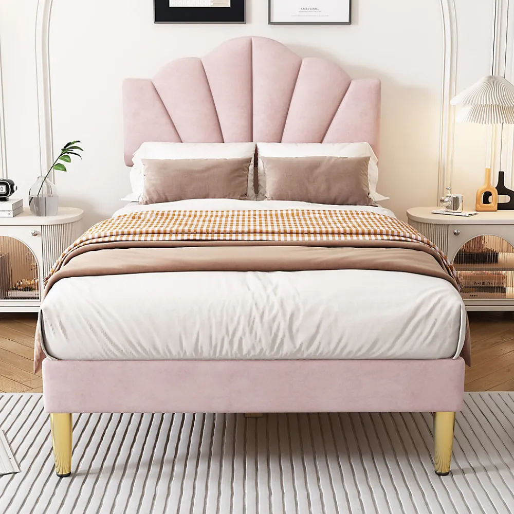 Lit 90x200 cm avec tête de lit coquillage réglable et pieds métal doré, velours rose, design élégant>Redom Hot