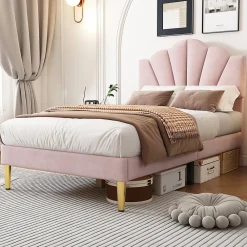 Lit 90x200 cm avec tête de lit coquillage réglable et pieds métal doré, velours rose, design élégant><noscript><img width=