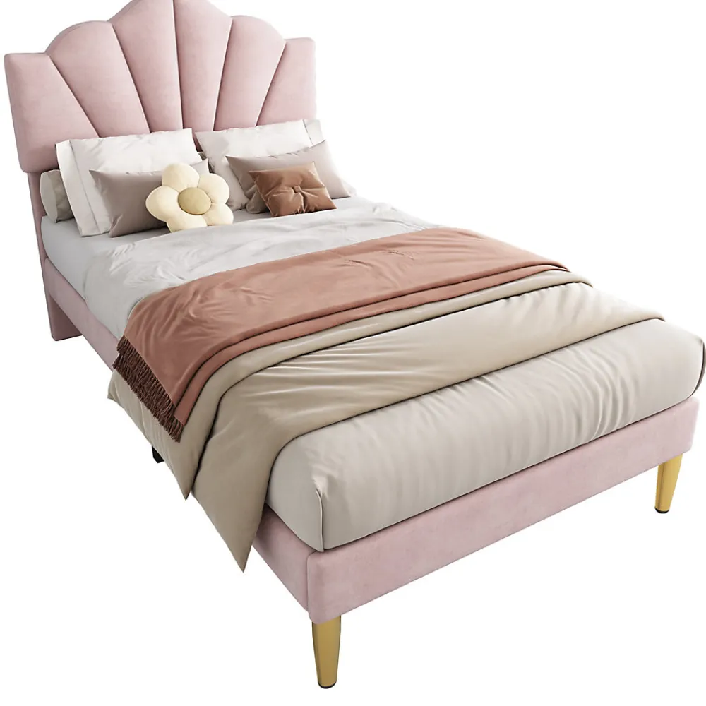 Lit 90x200 cm avec tête de lit coquillage réglable et pieds métal doré, velours rose, design élégant>Redom Hot
