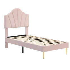 Lit 90x200 cm avec tête de lit coquillage réglable et pieds métal doré, velours rose, design élégant><noscript><img width=