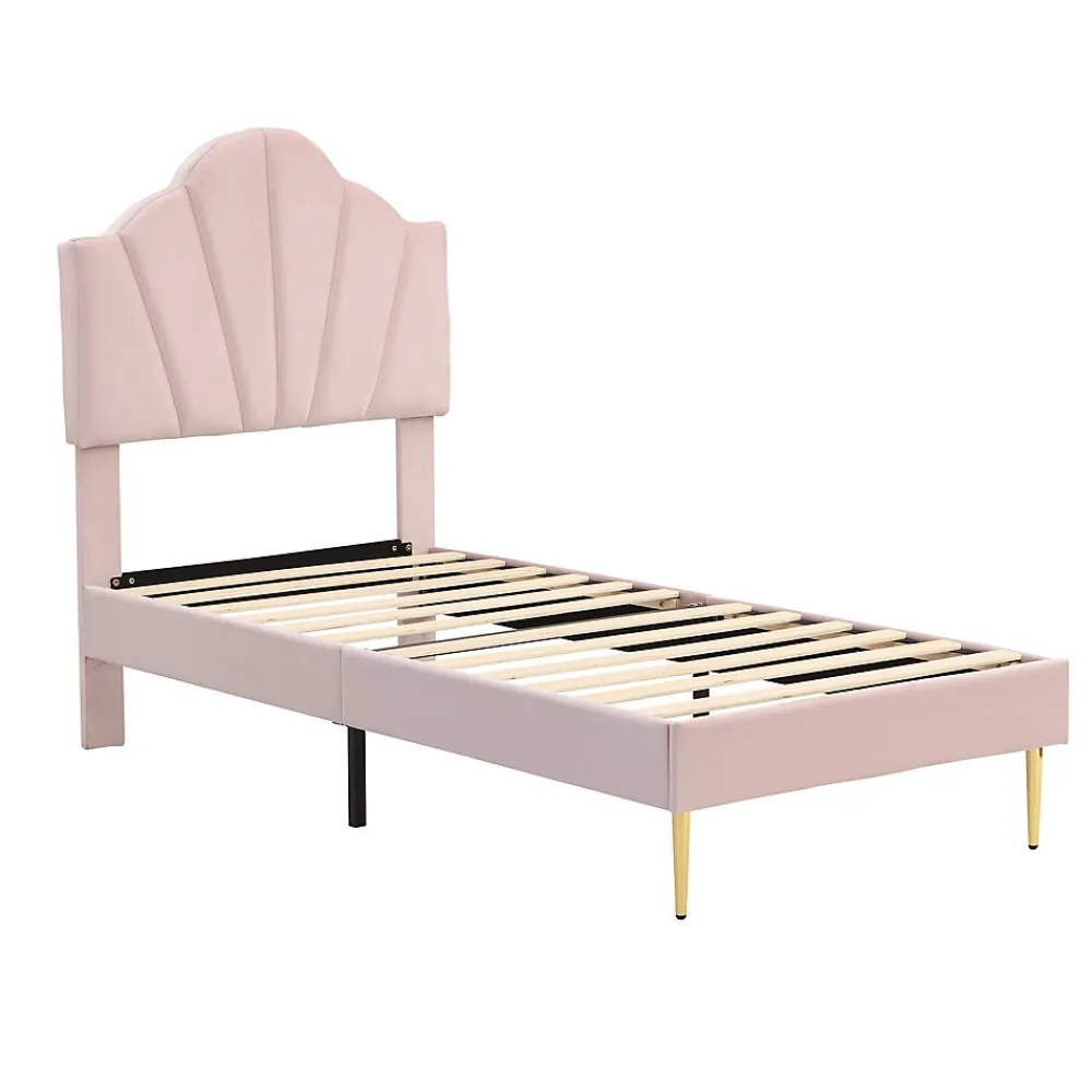 Lit 90x200 cm avec tête de lit coquillage réglable et pieds métal doré, velours rose, design élégant>Redom Hot
