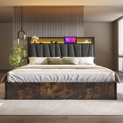 Lit 160x200 cm avec tête de lit LED RGBW, coffre de rangement, cadre métal et revêtement lin gris contemporain>Redom New