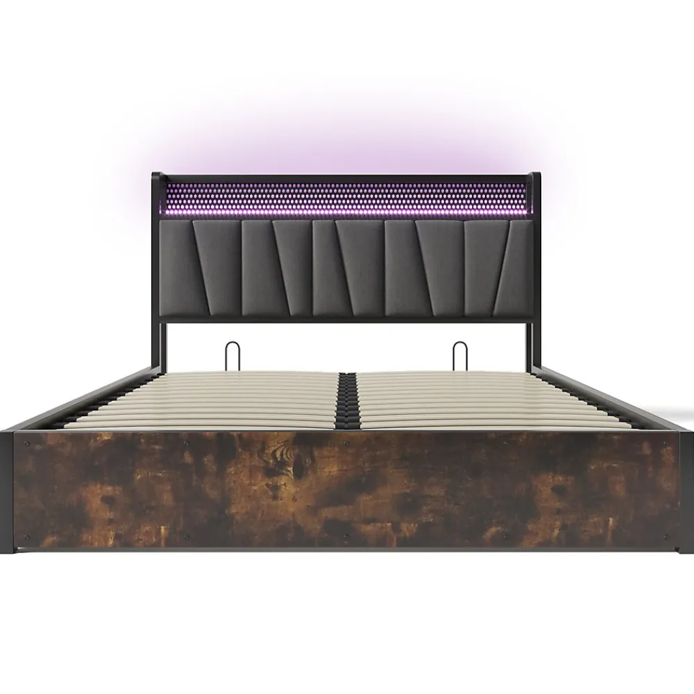 Lit 160x200 cm avec tête de lit LED RGBW, coffre de rangement, cadre métal et revêtement lin gris contemporain>Redom New