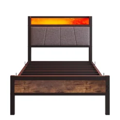 Redom Lit 90x200 cm avec tête de lit haute et LED multicolore, station de charge USB intégrée et cadre métal* Lit Simple