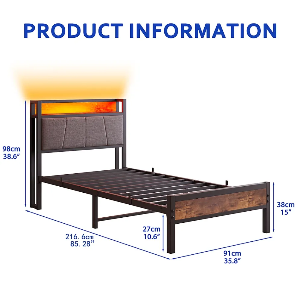 Redom Lit 90x200 cm avec tête de lit haute et LED multicolore, station de charge USB intégrée et cadre métal* Lit Simple