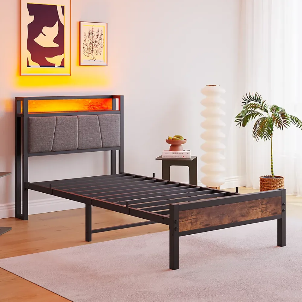 Redom Lit 90x200 cm avec tête de lit haute et LED multicolore, station de charge USB intégrée et cadre métal* Lit Simple
