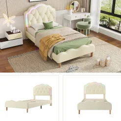 Lit 90x200 cm avec tête de lit ondulée et bande LED multicolore intégrée, tapissé PU beige, lattes en bois>Redom New