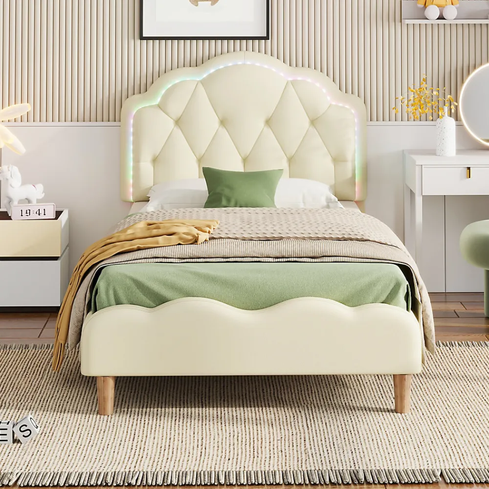 Lit 90x200 cm avec tête de lit ondulée et bande LED multicolore intégrée, tapissé PU beige, lattes en bois>Redom New