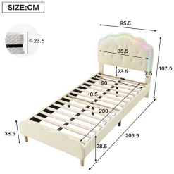 Lit 90x200 cm avec tête de lit ondulée et bande LED multicolore intégrée, tapissé PU beige, lattes en bois><noscript><img width=