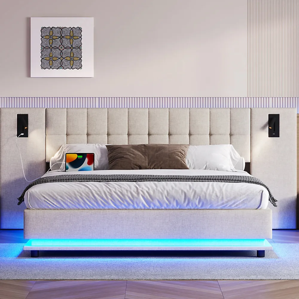 Lit 180x200 cm avec tête de lit à spots, LED multicolore intégrée et port USB, habillage lin beige>Redom Hot