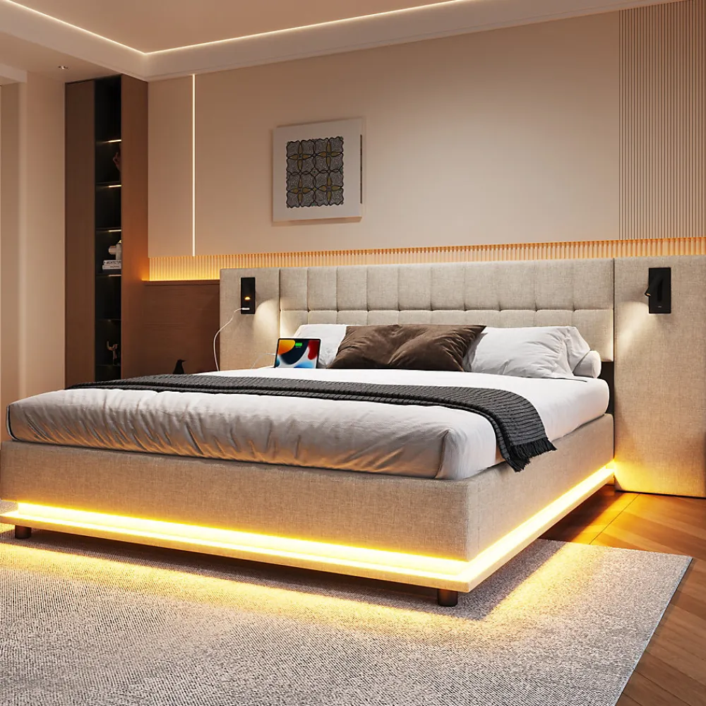 Lit 180x200 cm avec tête de lit à spots, LED multicolore intégrée et port USB, habillage lin beige>Redom Hot