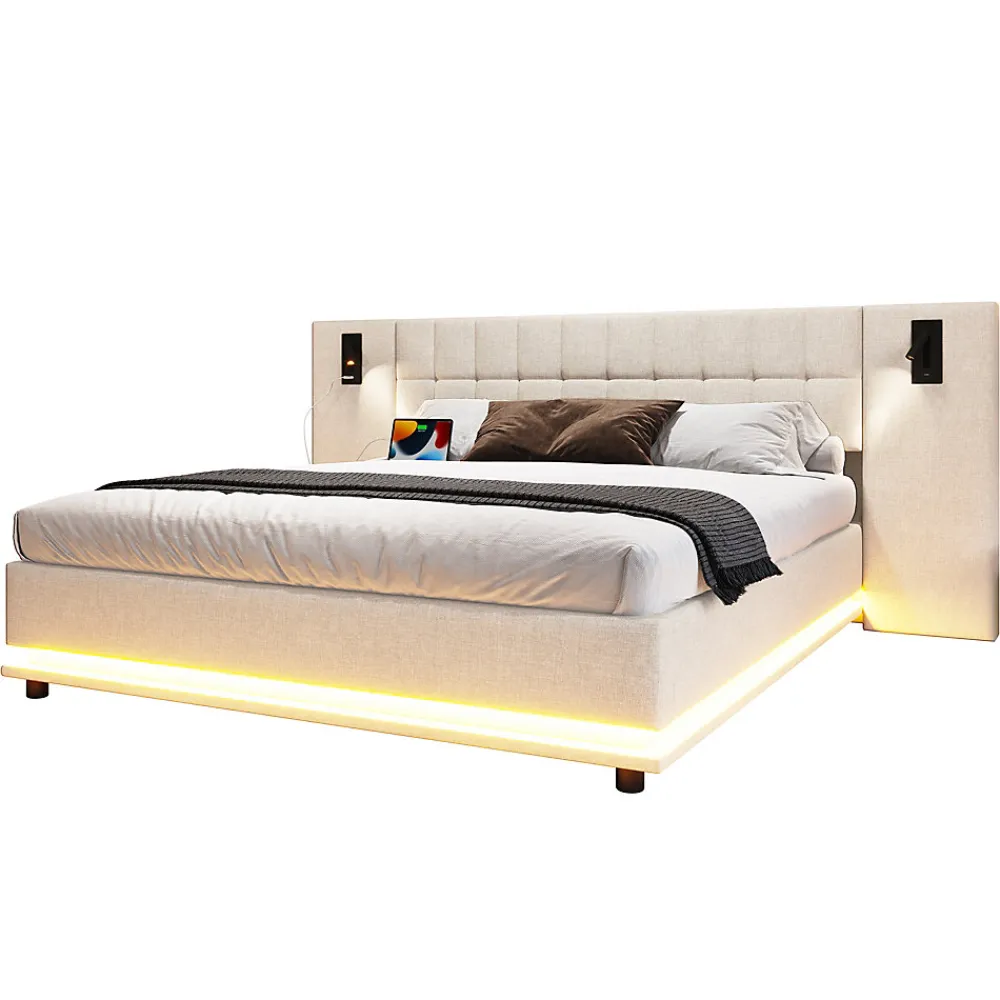 Lit 180x200 cm avec tête de lit à spots, LED multicolore intégrée et port USB, habillage lin beige>Redom Hot