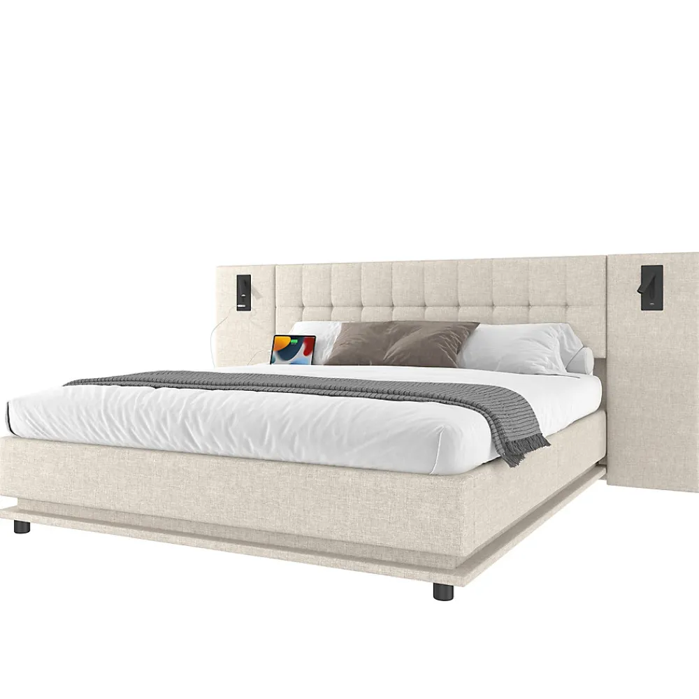 Lit 180x200 cm avec tête de lit à spots, LED multicolore intégrée et port USB, habillage lin beige>Redom Hot